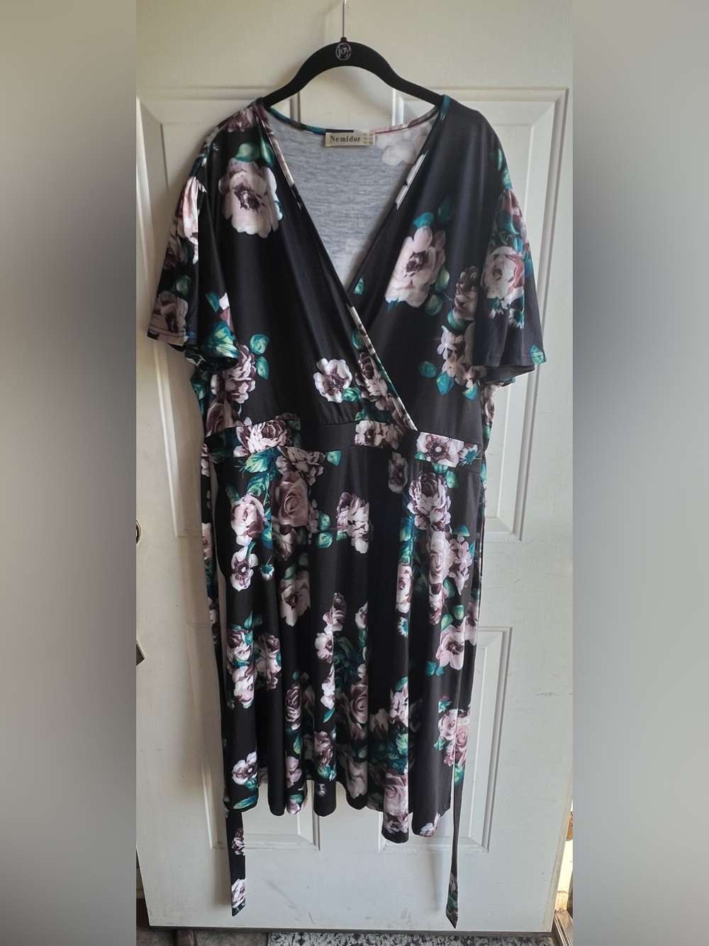 Black Floral Maxi Wrap Dress with Purple Roses